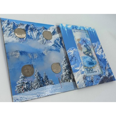 Набор монет в альбоме 25 рублей 2011-2014 гг. и 100-рублевой банкноты "Олимпиада в Сочи". (4 монеты+бона)
