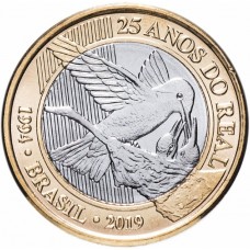1 реал 2019 год. Бразилия. 25 лет национальной валюте. Колибри.
