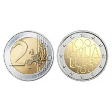  2 евро 2021 год. Латвия. 100 лет признания Латвии республики Де-Юре
