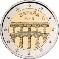2 евро 2016 год. Испания. Старинный город Сеговия с римским акведуком. 