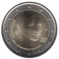2 евро 2019 год. Италия. 500 лет со дня смерти Леонардо да Винчи.