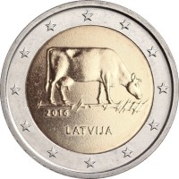 2 евро 2016 год. Латвия. Сельское хозяйство Латвии (Корова).