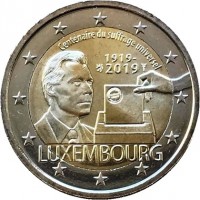 2 евро 2019 год. Люксембург. 100-летия всеобщего  избирательного права в Люксембурге