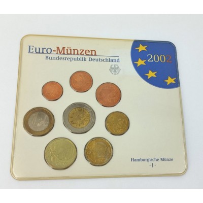  Германия. Годовой набор евро монет 2002 года в банковской запайке. (J - Гамбург).