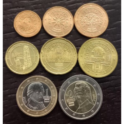 Австрия. Набор евро монет 2010-2017 год.