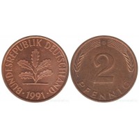 2 пфеннигa 1991 год. ФРГ (двор G)