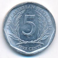 5 центов 2010 год. Восточные Карибы