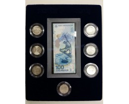 Планшет (222х284х10 мм) для 1 банкноты Сочи-2014 в капсуле и 7 монет Сочи-2014 в капсулах, СИНИЙ