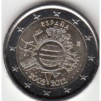 2 евро 2012 год. Испания. 10 лет наличному обращению евро.