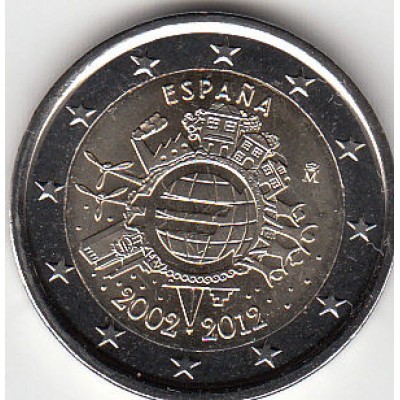 2 евро 2012 год. Испания. 10 лет наличному обращению евро.