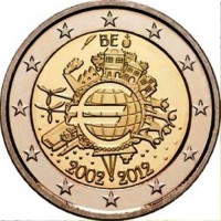 2 евро 2012 год. Бельгия. 10 лет наличному обращению евро.