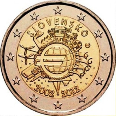 2 евро 2012 год. Словакия. 10 лет наличному обращению евро