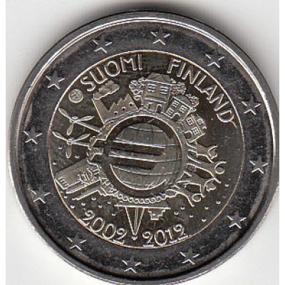 2 евро 2012 год. Финляндия. 10 лет наличному обращению евро. 
