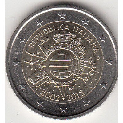 2 евро 2012 год. Италия. 10 лет наличному обращению евро.