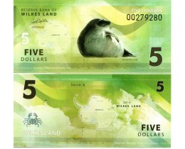 Банкнота Земля Уилкса 5 долларов 2014 год. Антарктический тюлень-крабоед