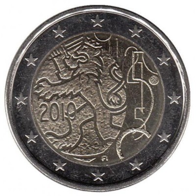 2 евро 2010 год. Финляндия. 150 лет финской валюте.