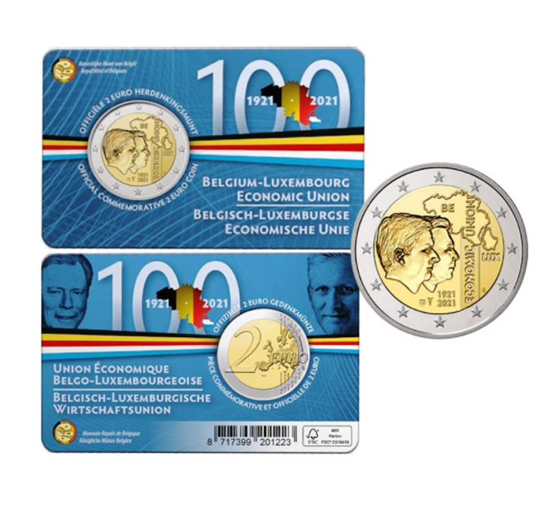 2 евро 2021 год. Бельгия. 100 лет Бельгийско-Люксембургскому экономическому союзу. (в открытке c надписью на нидерландском языке - Belgiё)